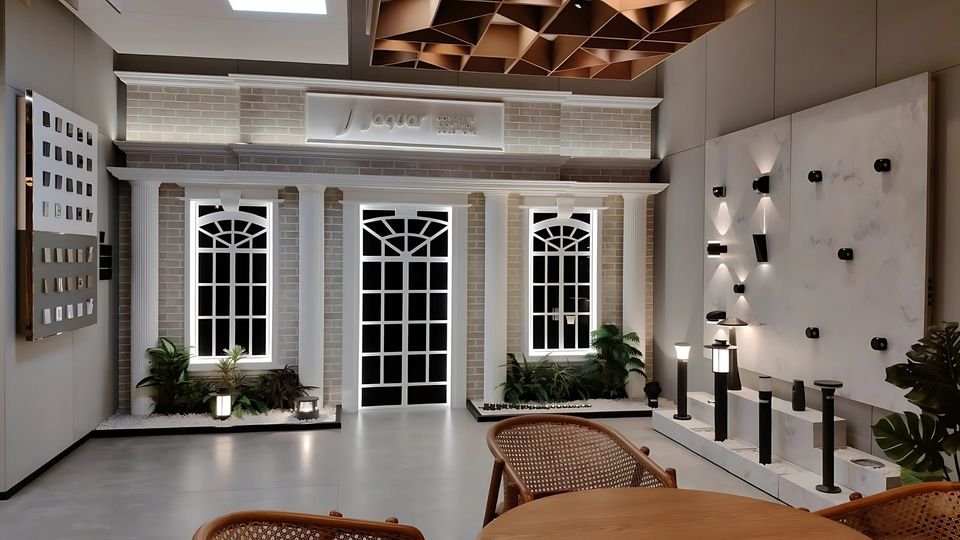 Showroom feature wall with arched windows, planters and wall-light displays