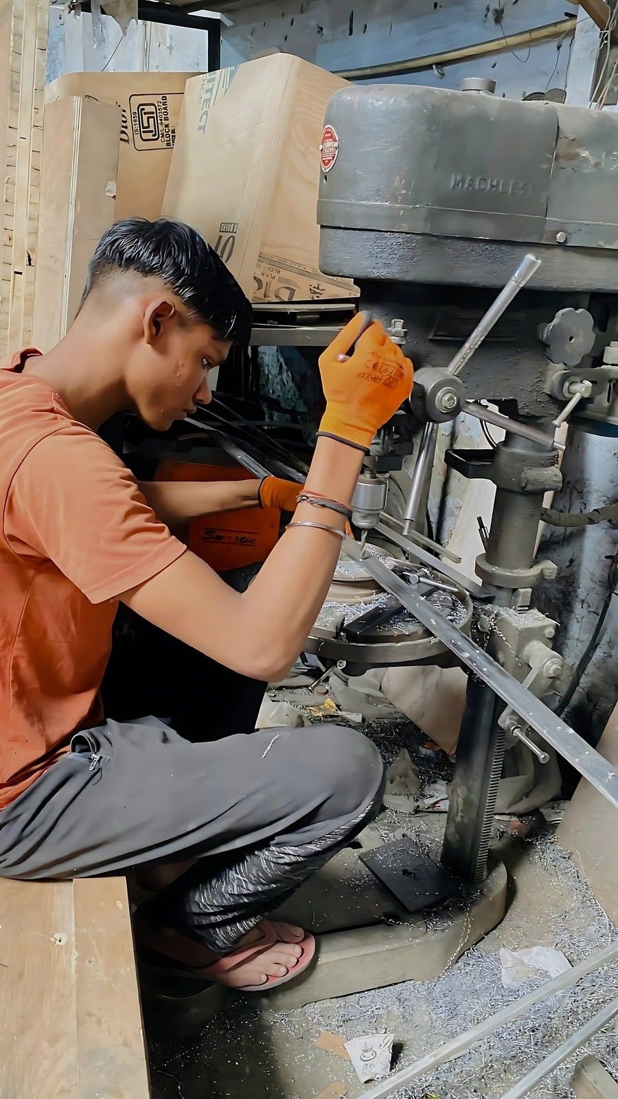 Welding a metal frame in the workshop